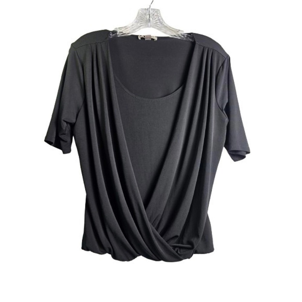 Roz & Ali Top Women PL Black Draped Surplice Short Sleeve Blouse
